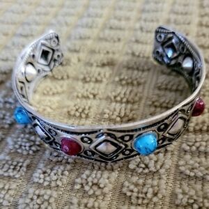 Silvertone Cuff Bracelet with Red and Blue Accents